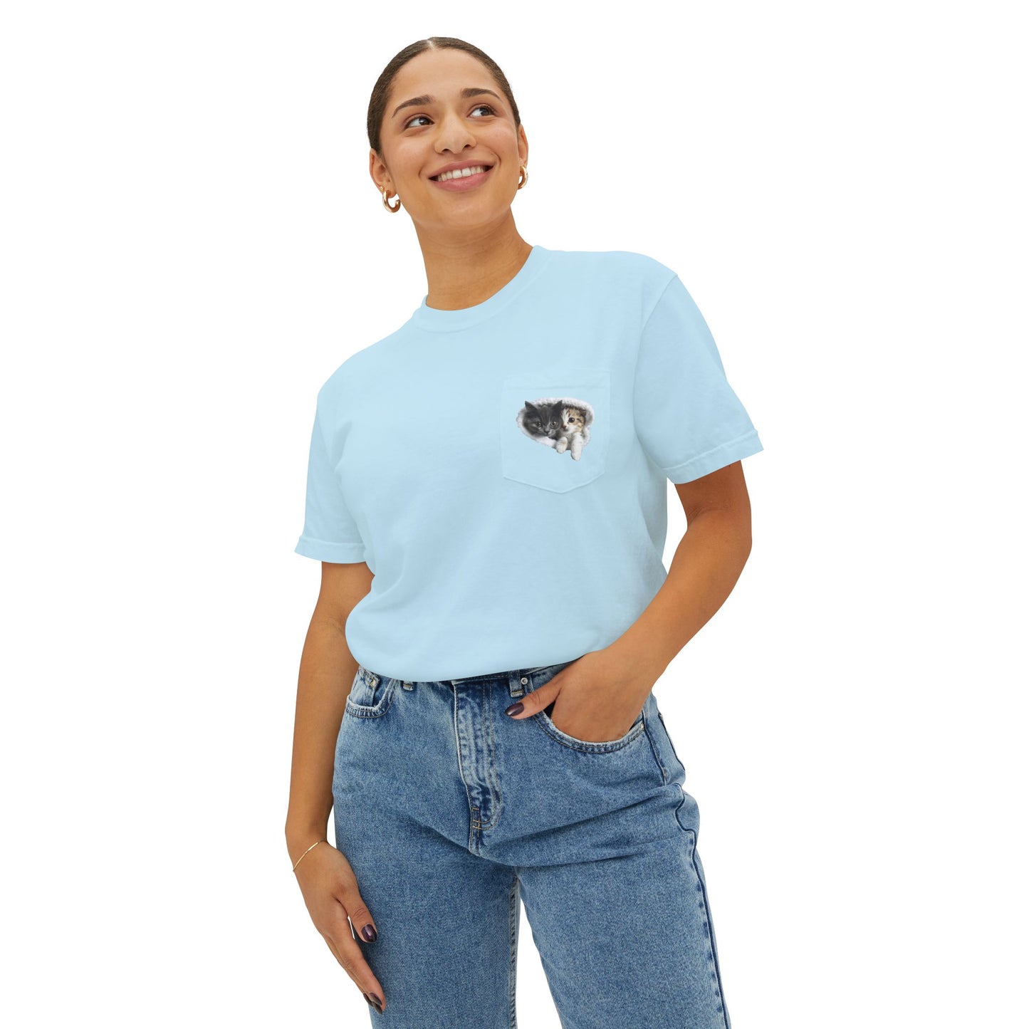 Garment-Dyed Pocket T-Shirt with Adorable Cat Design, Casual Wear, Gift for Cat Lovers, Summer Fashion, Everyday Essentials