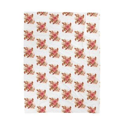 Velveteen Plush Blanket with beautiful grid design of pink roses surrounded by swirling leaves
