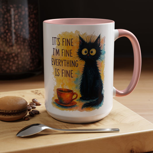 Whimsical Cat Accent Coffee Mug - 'It's Fine, I'm Fine, Everything is Fine'