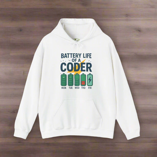 White hoodie with 'Battery Life of a Coder' graphic on a white background