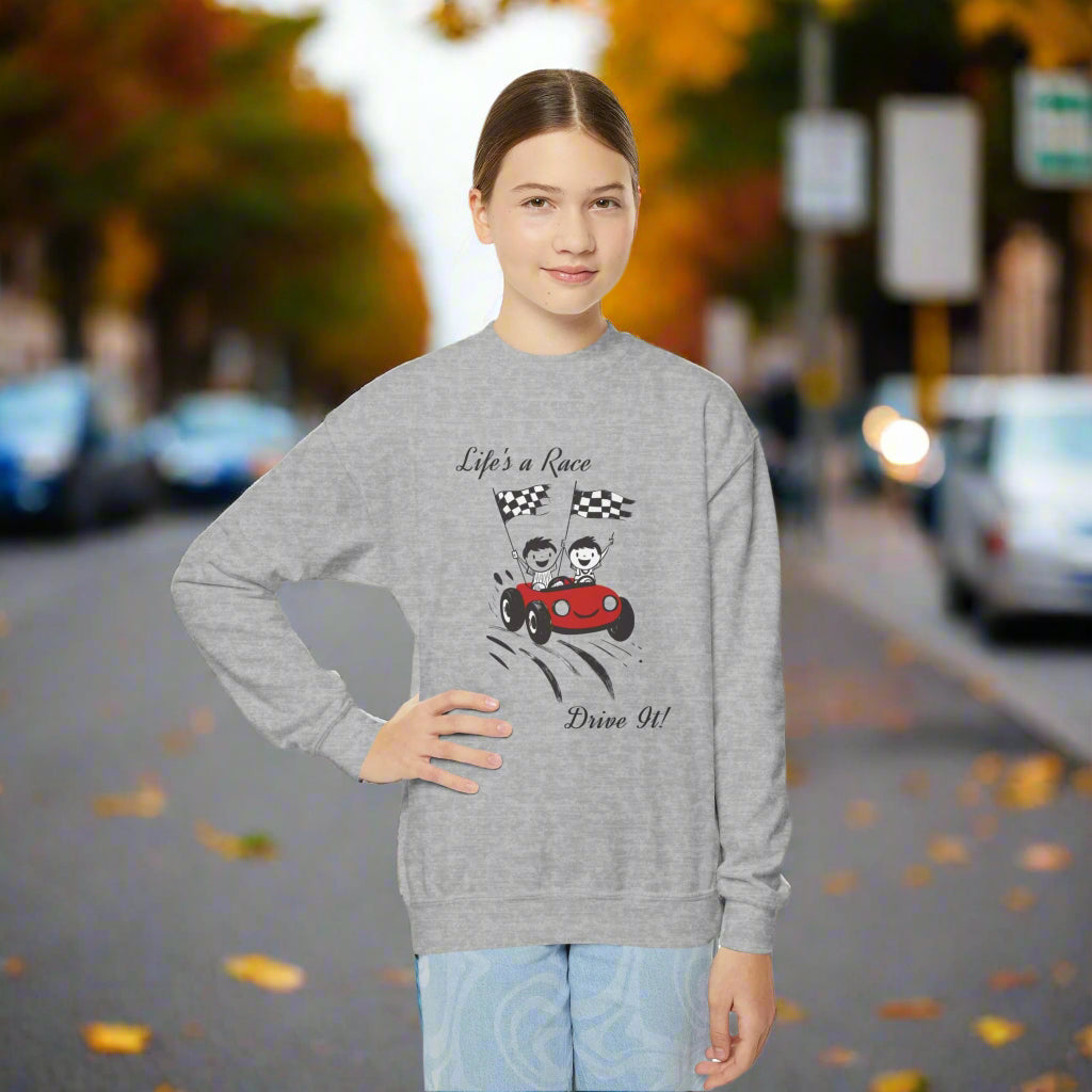 Youth Crewneck Sweatshirt -  Race car-themed Design Sweatshirt