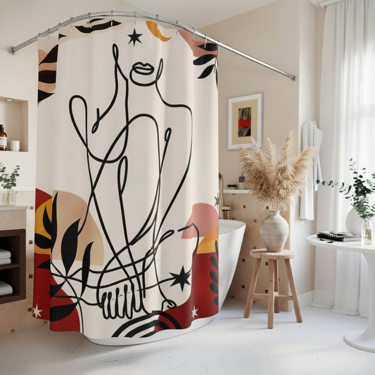 Shower curtain with an abstract design in a bathroom setting