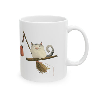 Ceramic Mug - Cute cartoon of a Cat on a witch stick, (11oz, 15oz)