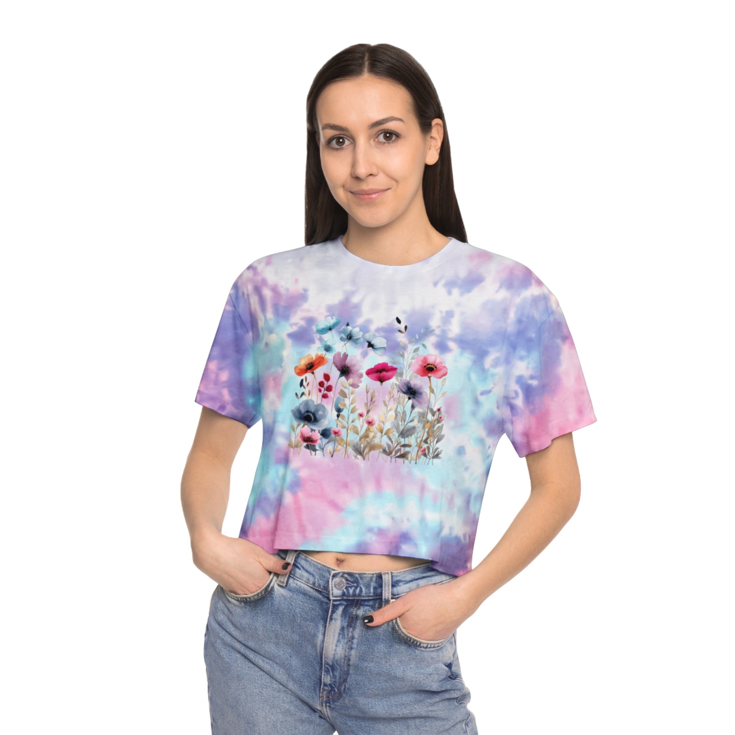 Beautiful Watercolor Floral Tie-Dye Crop Tee - T-Shirt for Women