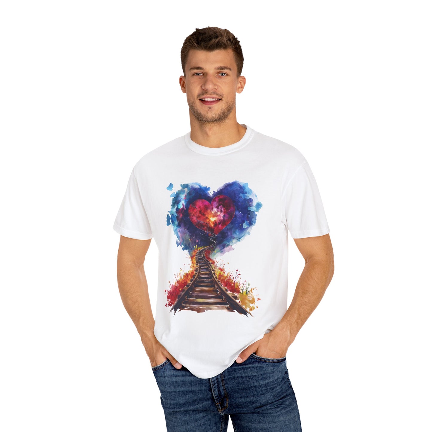 Unisex Garment-Dyed T-shirt - Journey of Heart - Train Tracks Coming out from Heart