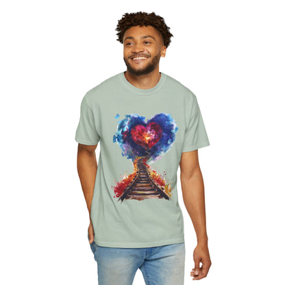 Unisex Garment-Dyed T-shirt - Journey of Heart - Train Tracks Coming out from Heart