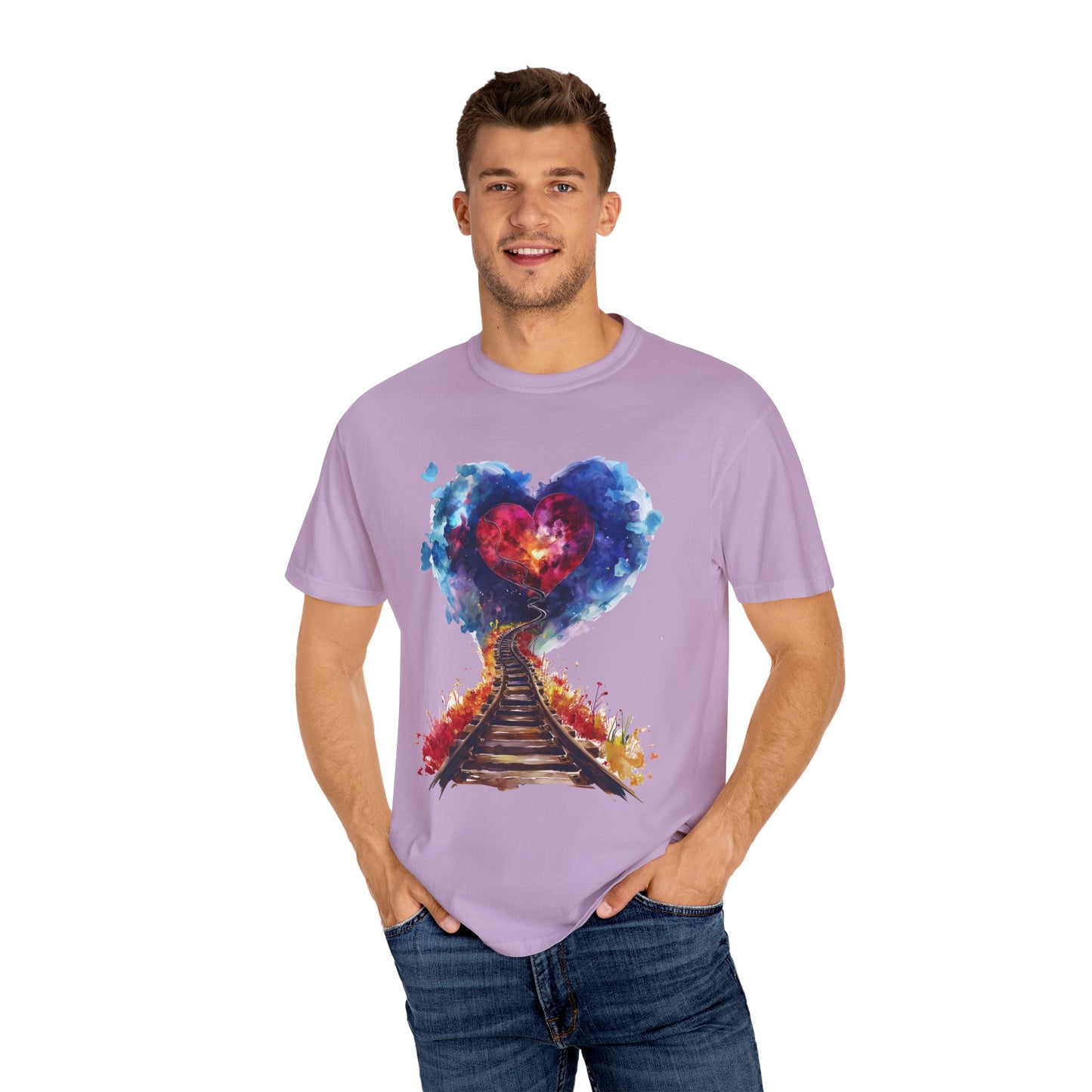 Unisex Garment-Dyed T-shirt - Journey of Heart - Train Tracks Coming out from Heart
