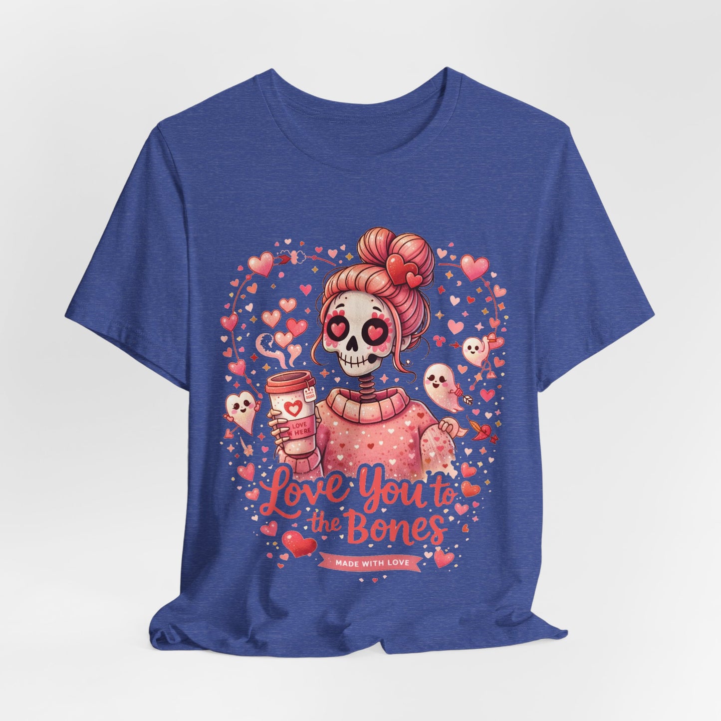 Cute Valentine graphic art in pastel pink showing a skull girl character with heart eyes and romantic ghost cupids.