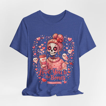 Cute Valentine graphic art in pastel pink showing a skull girl character with heart eyes and romantic ghost cupids.