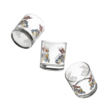 Set of three clear glasses with colorful illustrations 