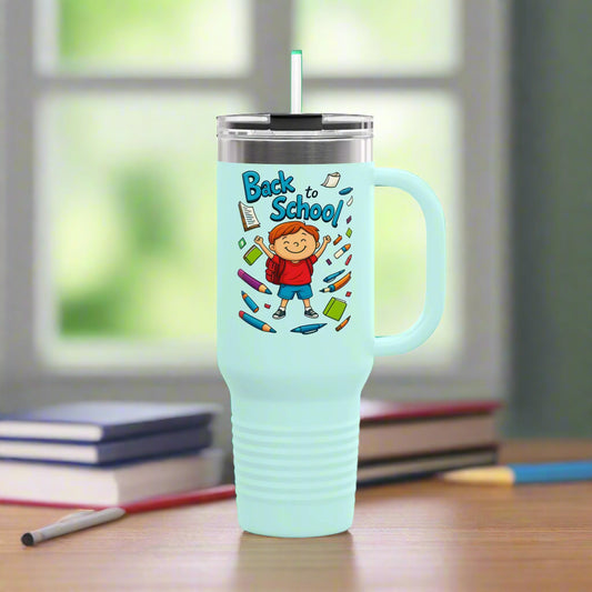 Light blue tumbler with 'Back to School' design featuring a child and pencils 
