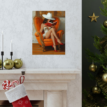 Matte Vertical Poster - Elegant Woman Reading Book and Holding Red Apple on Luxurious Sofa Design Poster
