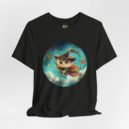 Charming Cat on Witch - Magician Stick T-shirt - Lightweight Fabric Tee