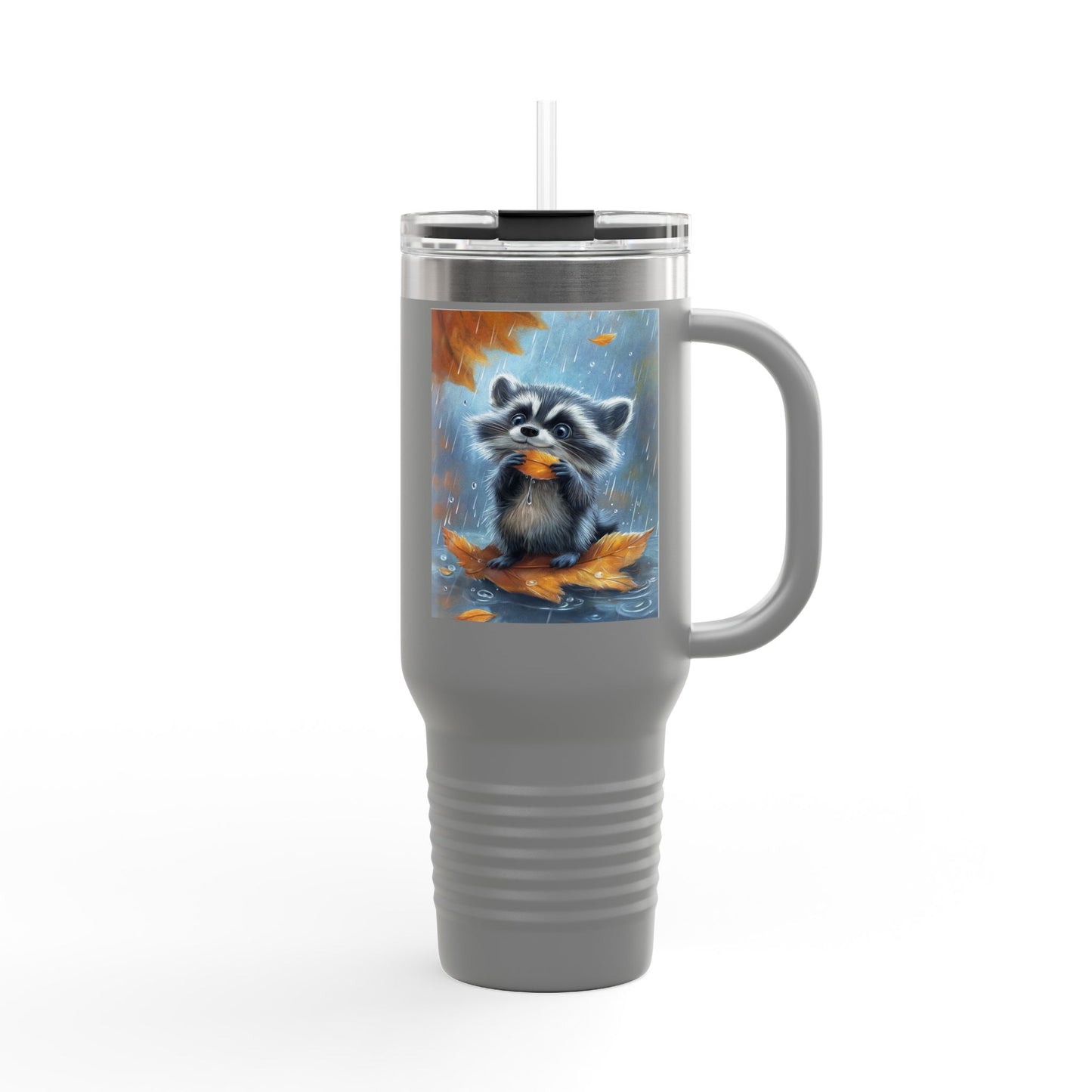 Insulated Travel Mug, 40oz - Rainy Day Raccoon Insulated Mug - Vibrant 3D Watercolor Raccoon Design Travel Mug