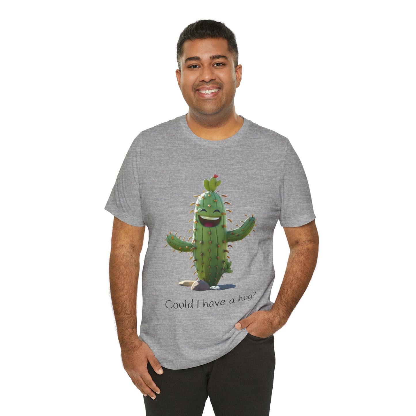 Light Colorful Smiling Cactus Plant T-shirt -  'Could I Have a Hug?' - Lightweight Fabric Tee
