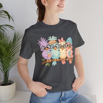 Cute Bird Friends Short Sleeve T-shirt - Perfect Gift for Animal Lovers - Lightweight Fabric Tee