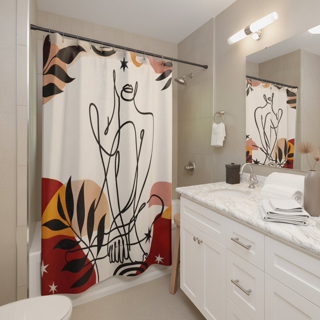 Bathroom with a colorful abstract boho shower curtain and white vanity.