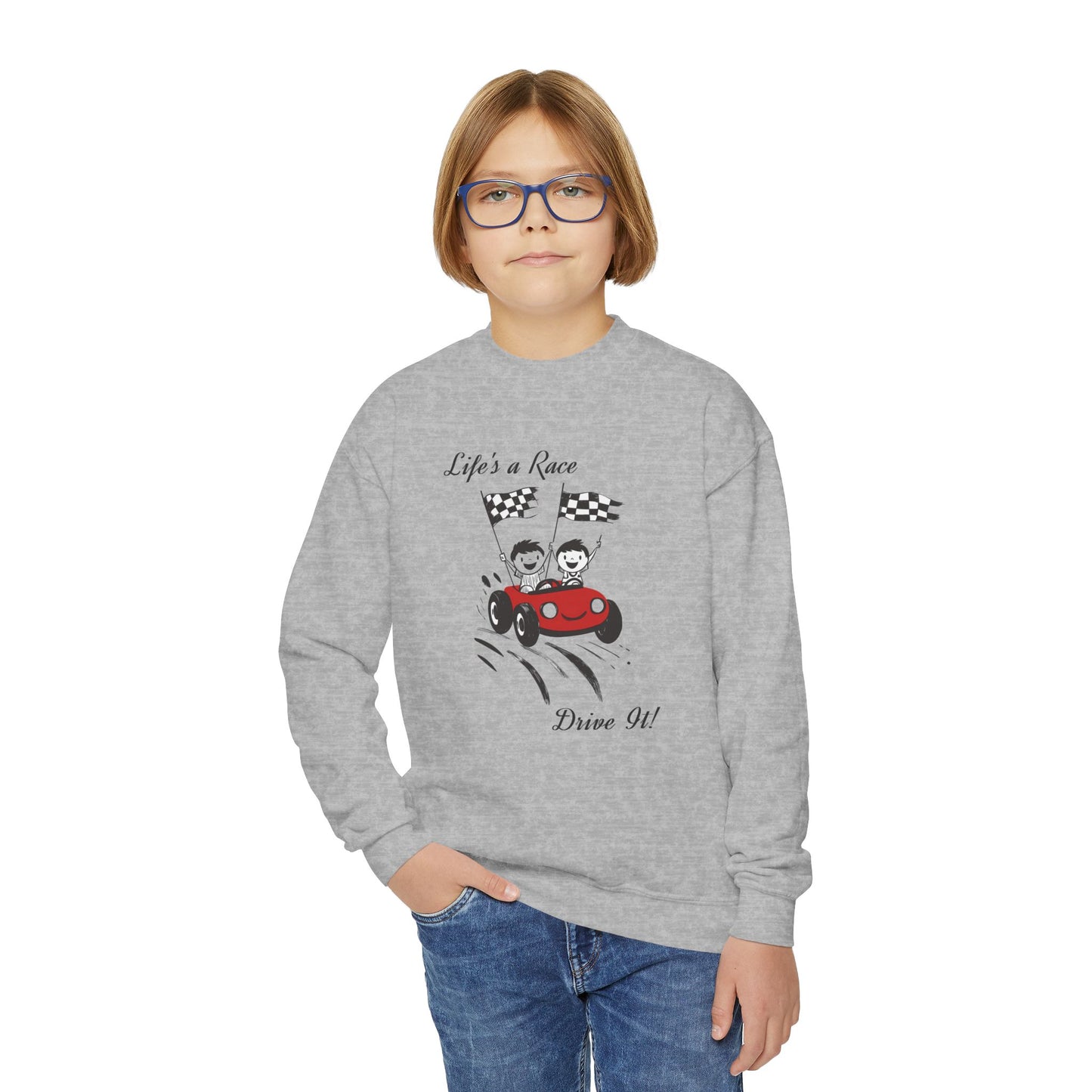 Youth Crewneck Sweatshirt -  Race car-themed Design Sweatshirt
