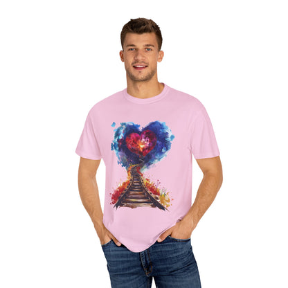 Unisex Garment-Dyed T-shirt - Journey of Heart - Train Tracks Coming out from Heart