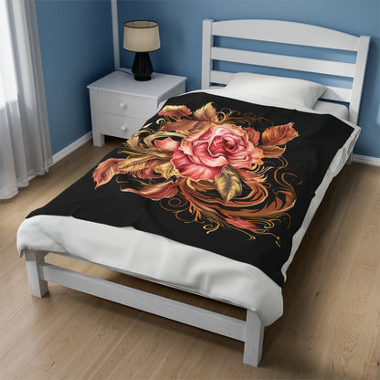 Black Velveteen Plush Blanket with beautiful pink rose surrounded by swirling leaves