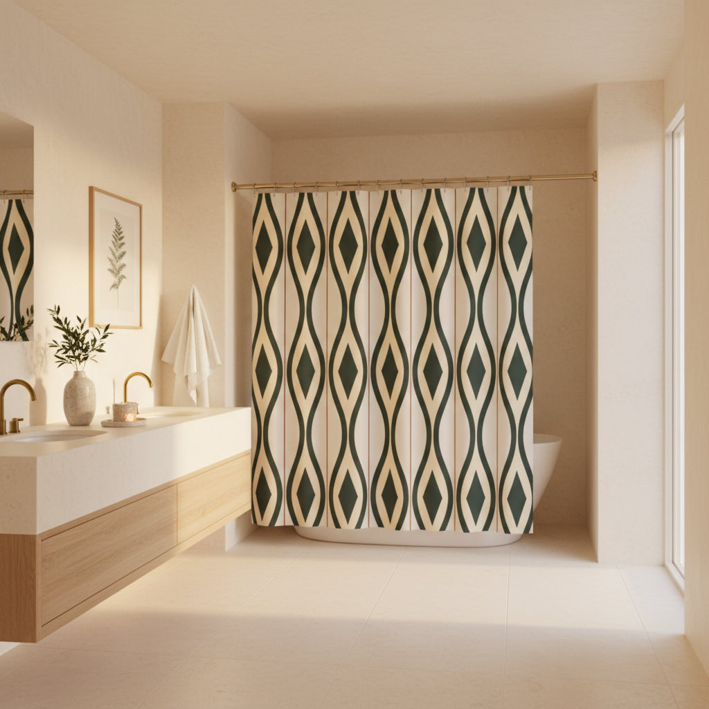 A modern shower curtain with a geometric diamond and wavy stripe pattern in dark green, cream, and thin rust-red lines, hanging in a bright white bathroom.