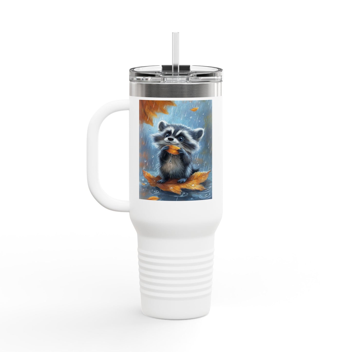 Insulated Travel Mug, 40oz - Rainy Day Raccoon Insulated Mug - Vibrant 3D Watercolor Raccoon Design Travel Mug