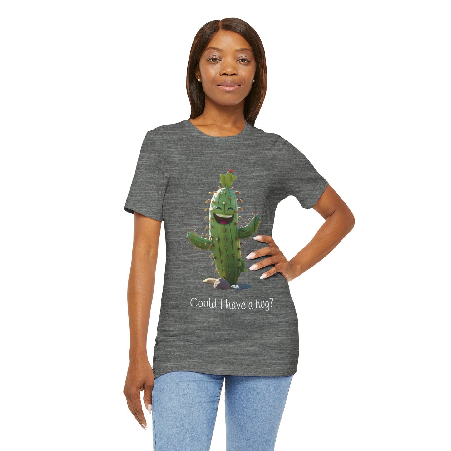 Dark Smiling Cactus Plant T-shirt -  'Could I Have a Hug?' - Lightweight Fabric Tee
