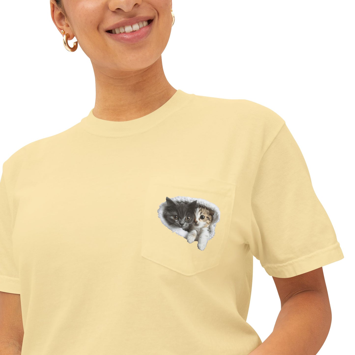 Garment-Dyed Pocket T-Shirt with Adorable Cat Design, Casual Wear, Gift for Cat Lovers, Summer Fashion, Everyday Essentials
