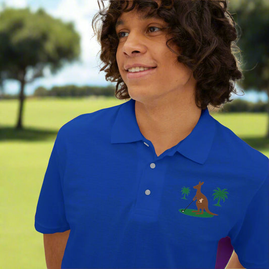 a blue polo shirt with a kangaroo design