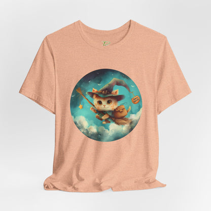 Charming Cat on Witch - Magician Stick T-shirt - Lightweight Fabric Tee