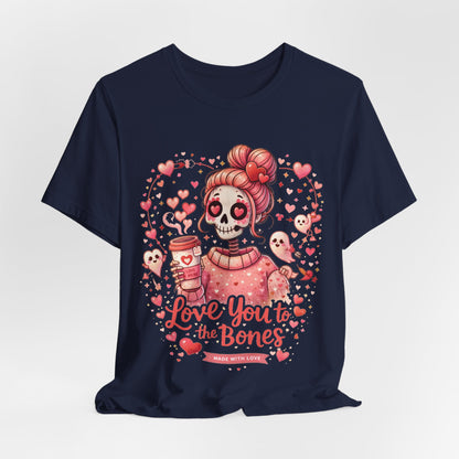 Romantic spooky-cute artwork with a skull girl in pink, heart eyes, coffee theme, and ‘Love you to the bones’ lettering.