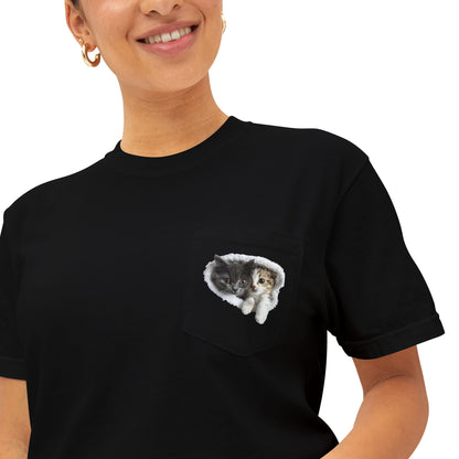 Garment-Dyed Pocket T-Shirt with Adorable Cat Design, Casual Wear, Gift for Cat Lovers, Summer Fashion, Everyday Essentials