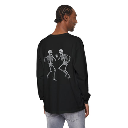Halloween Tee - Unisex Garment-dyed Long Sleeve T-Shirt with Dancing skeletons