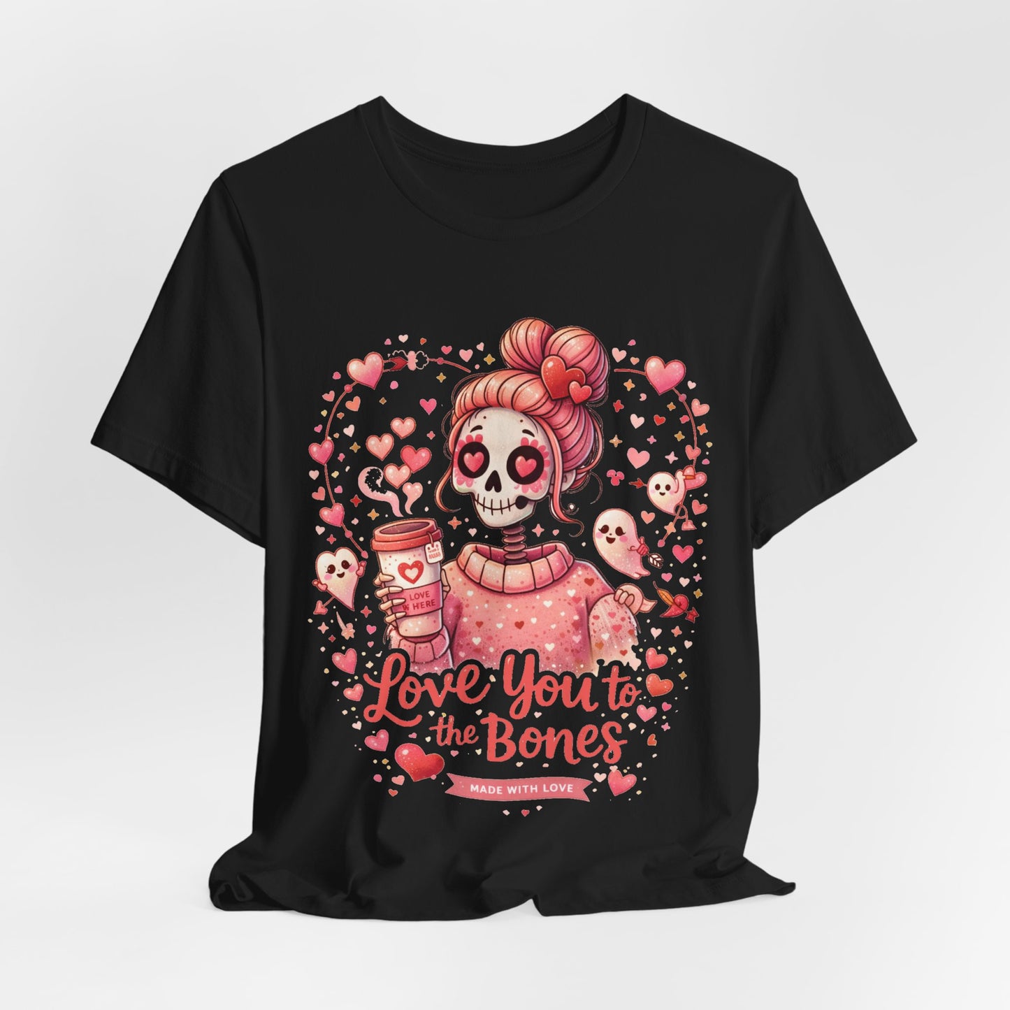 Cute goth Valentine artwork with a skull girl character, pink hearts, coffee theme, and ‘Love you to the bones’ text in playful typography