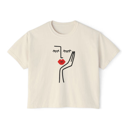 Women's Boxy Tee with Abstract Face Design - Casual Summer Top, Graphic Tee, Artsy Shirt, Gift for Her, Fashion Statement