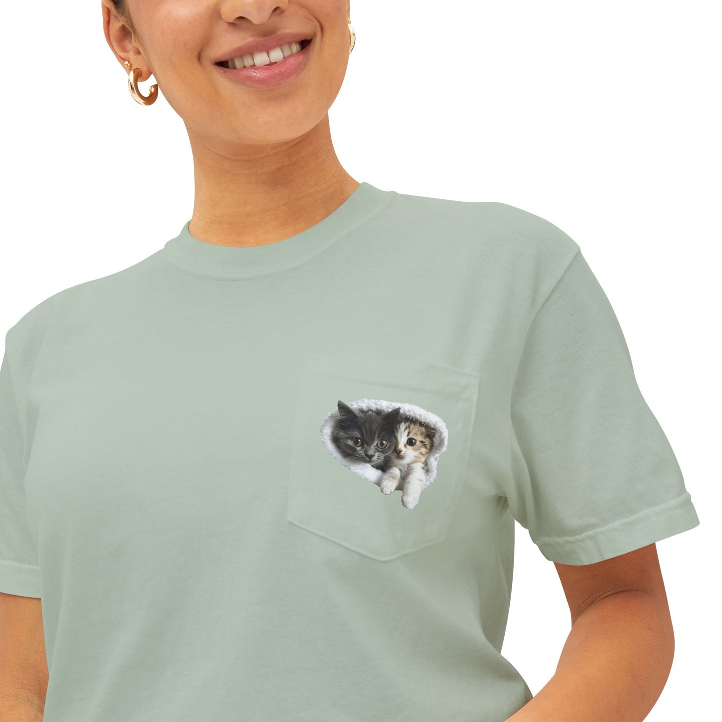 Garment-Dyed Pocket T-Shirt with Adorable Cat Design, Casual Wear, Gift for Cat Lovers, Summer Fashion, Everyday Essentials