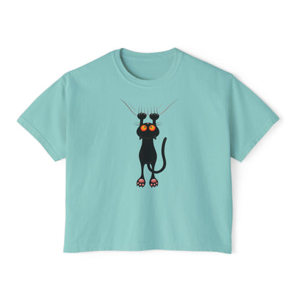 Cute Cat Graphic Women's Boxy Tee, Casual Tee for Cat Lovers, Birthday Gift, Soft Cotton Top, Fun Everyday Wear