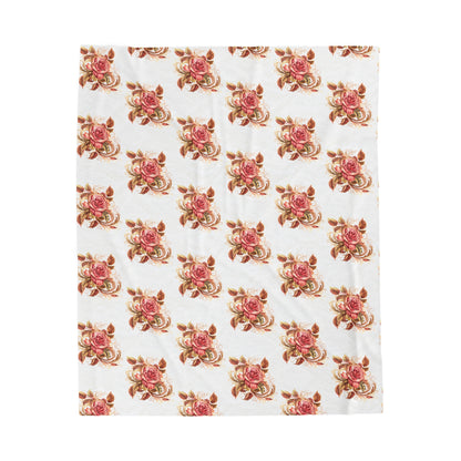 Velveteen Plush Blanket with beautiful grid design of pink roses surrounded by swirling leaves
