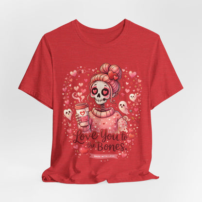 Spooky cute love graphic: ‘Love you to the bones’ text with a pink skull girl character and floating cupid ghosts.