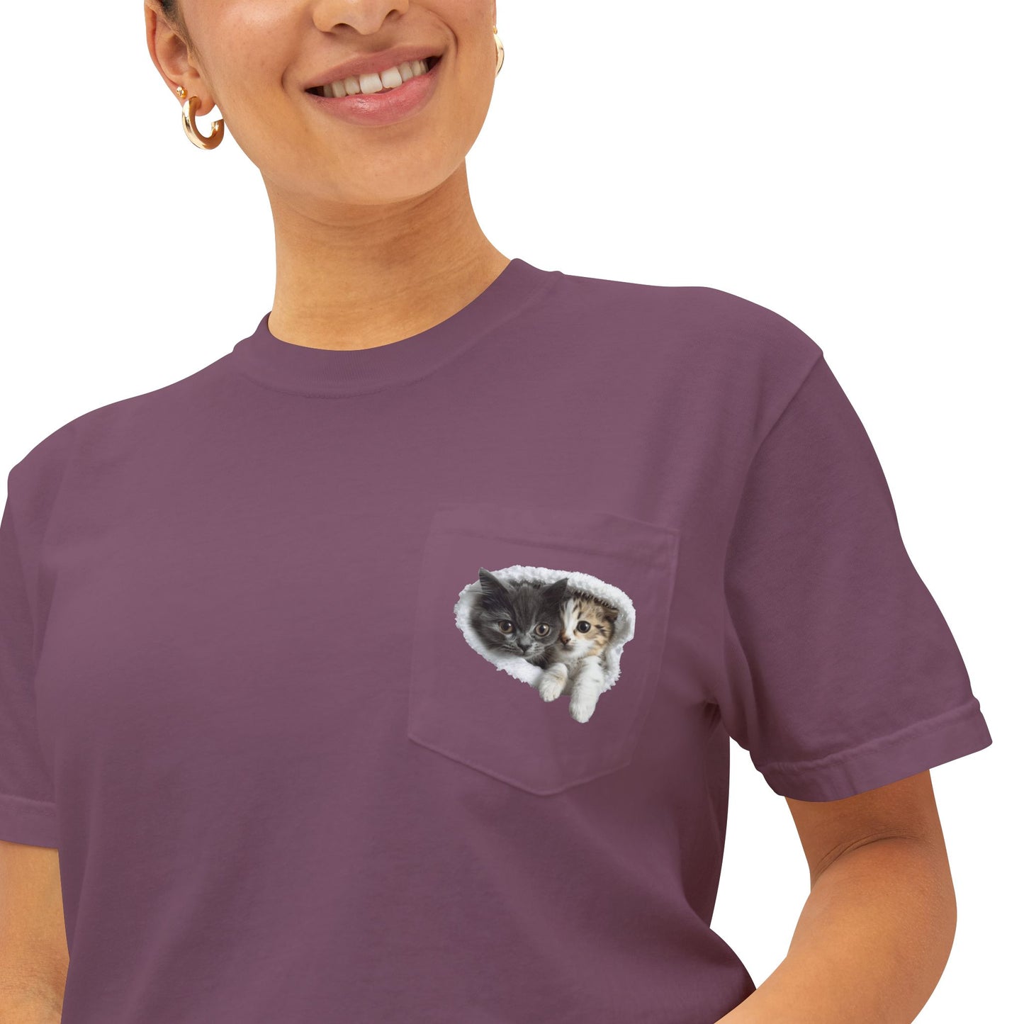 Garment-Dyed Pocket T-Shirt with Adorable Cat Design, Casual Wear, Gift for Cat Lovers, Summer Fashion, Everyday Essentials