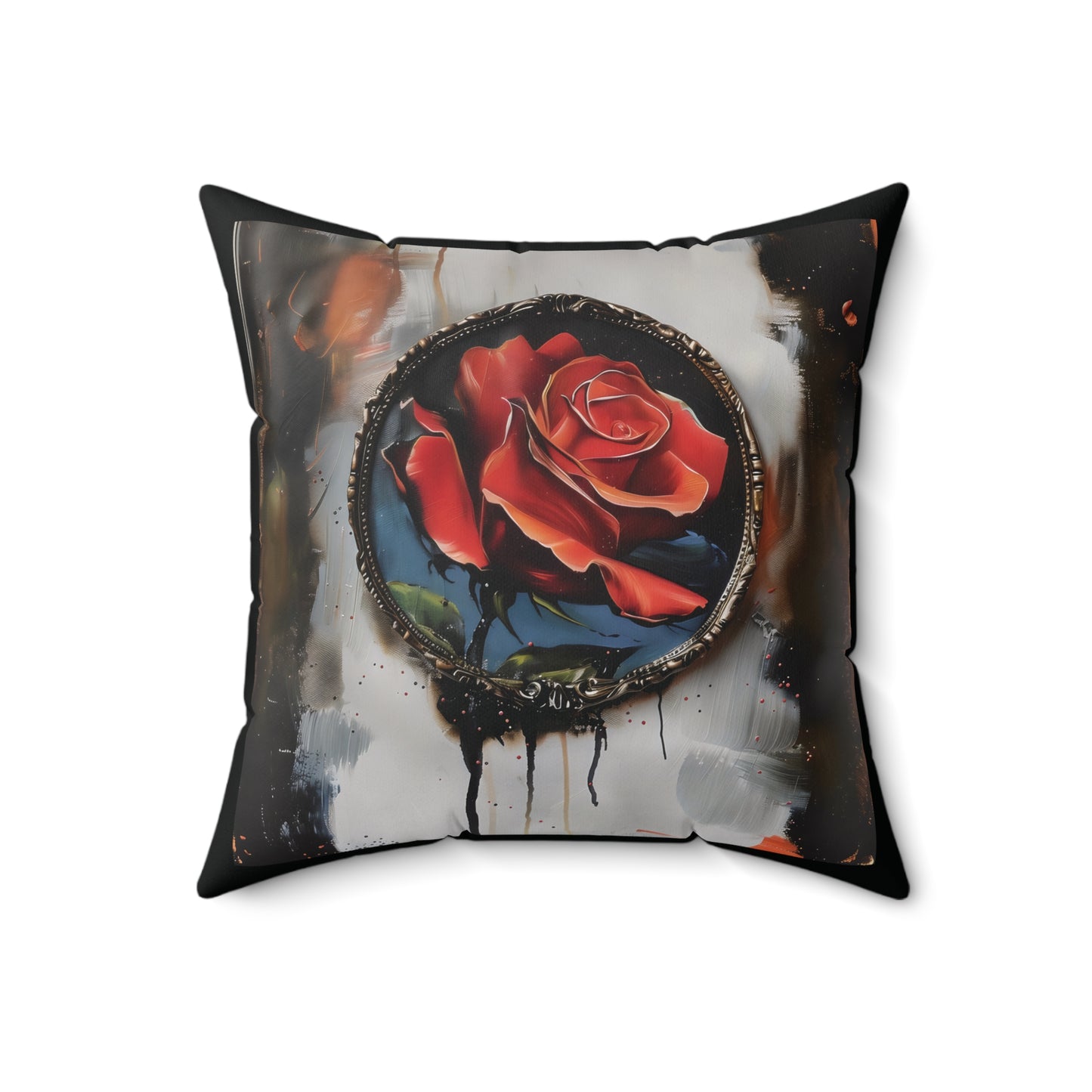 Rose Throw Pillow with Black Background – Red Floral Decorative Square Cushion for Sofa or Bed