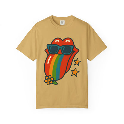 Colorful Retro T-Shirt with Rainbow Tongue Design, Vintage Rock Tee, Unisex Graphic Top, Music Lover Gift, Festival Wear