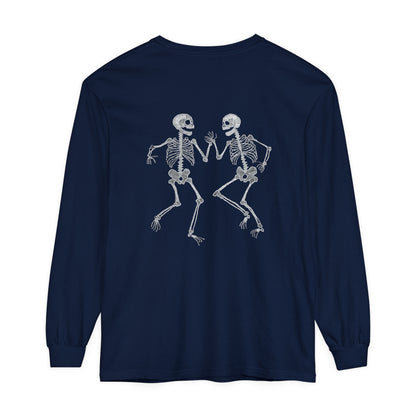Halloween Tee - Unisex Garment-dyed Long Sleeve T-Shirt with Dancing skeletons