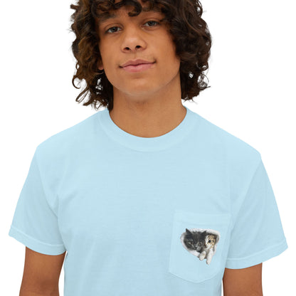 Garment-Dyed Pocket T-Shirt with Adorable Cat Design, Casual Wear, Gift for Cat Lovers, Summer Fashion, Everyday Essentials
