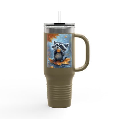 Insulated Travel Mug, 40oz - Rainy Day Raccoon Insulated Mug - Vibrant 3D Watercolor Raccoon Design Travel Mug
