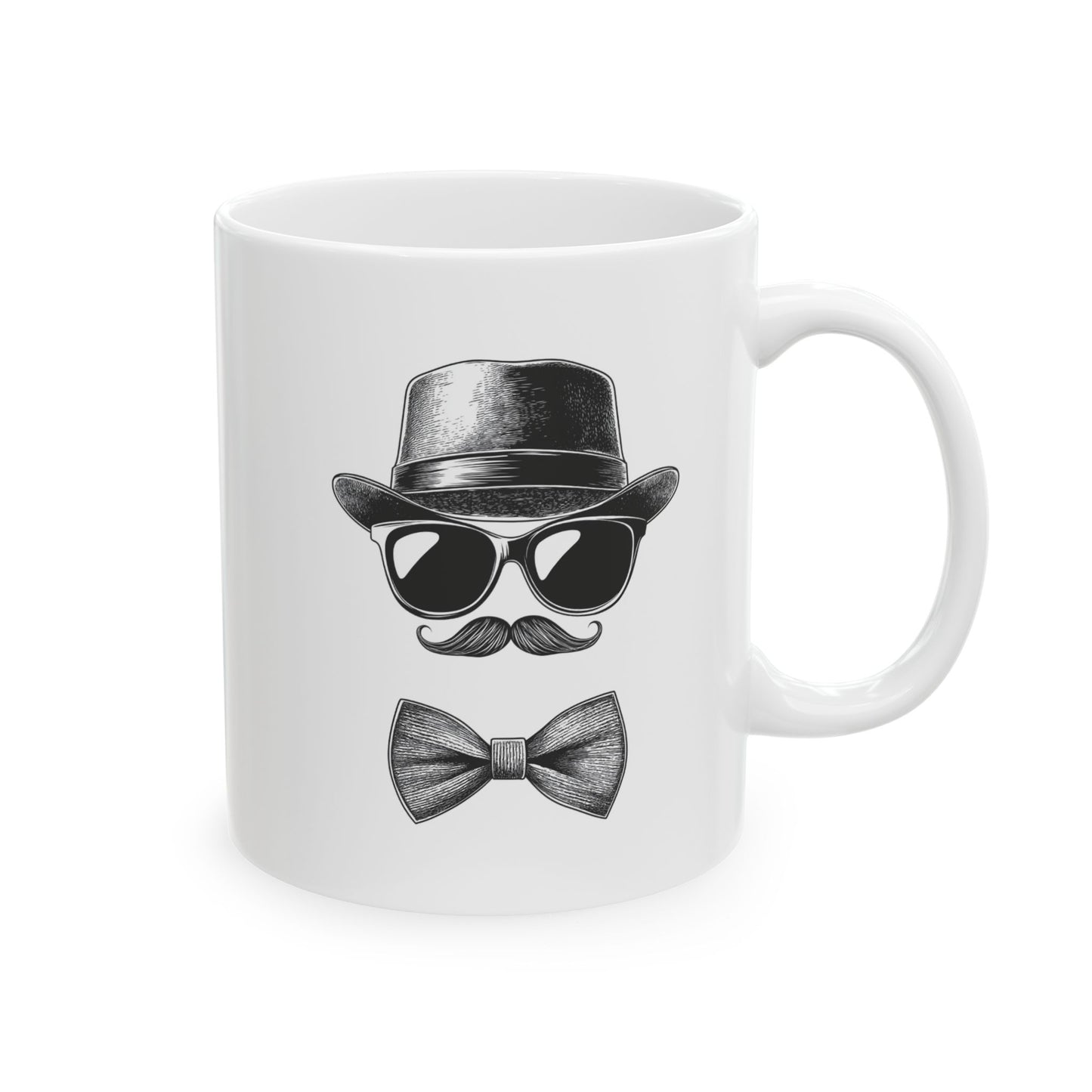 Gentleman Ceramic Mug, (11oz, 15oz) - Ceramic Mug with Black Vector Design - Sunglasses, Mustache & Bow Tie