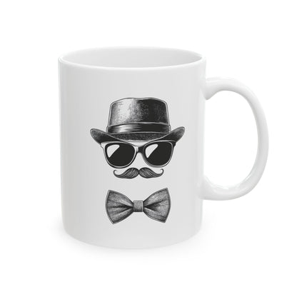 Gentleman Ceramic Mug, (11oz, 15oz) - Ceramic Mug with Black Vector Design - Sunglasses, Mustache & Bow Tie