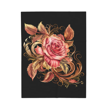 Black Velveteen Plush Blanket with beautiful pink rose surrounded by swirling leaves