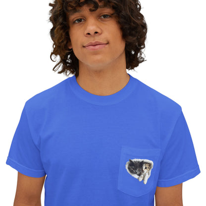 Garment-Dyed Pocket T-Shirt with Adorable Cat Design, Casual Wear, Gift for Cat Lovers, Summer Fashion, Everyday Essentials