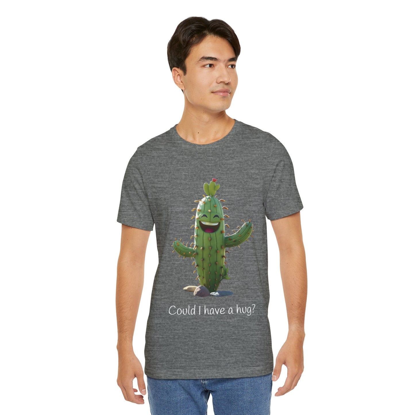 Dark Smiling Cactus Plant T-shirt -  'Could I Have a Hug?' - Lightweight Fabric Tee